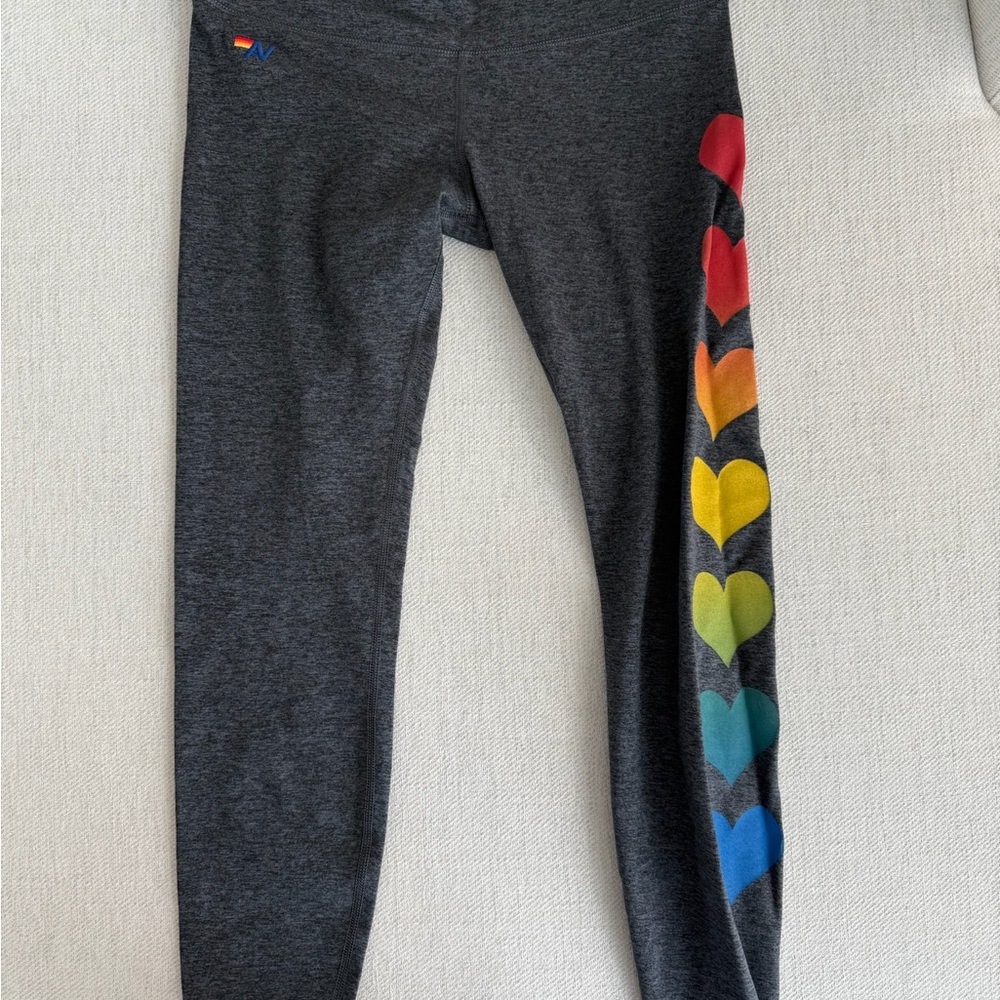 Aviator Nation Charcoal Leggings with Rainbow Heart Accents